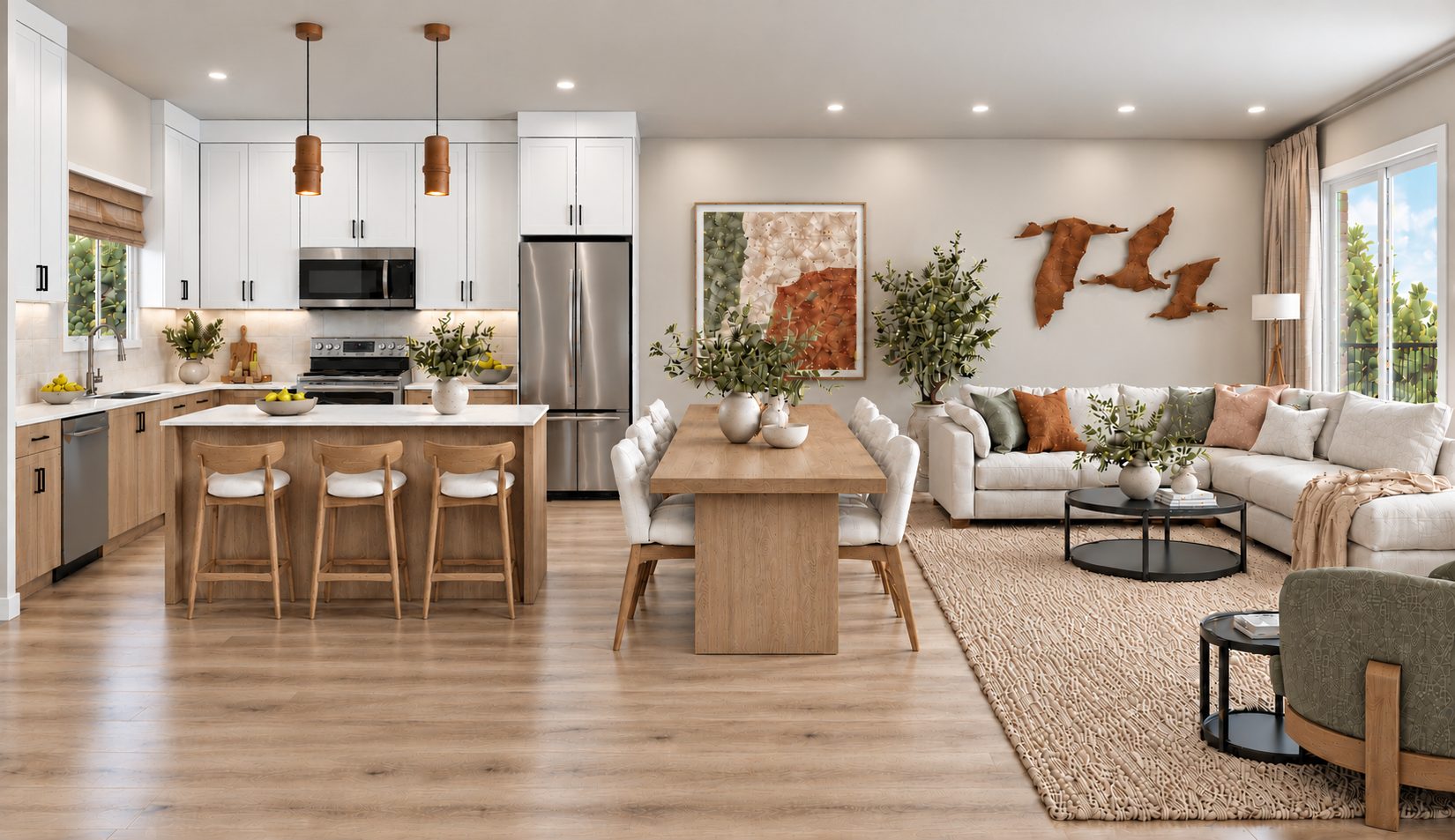 Rendering of the open kitchen, dining and living room